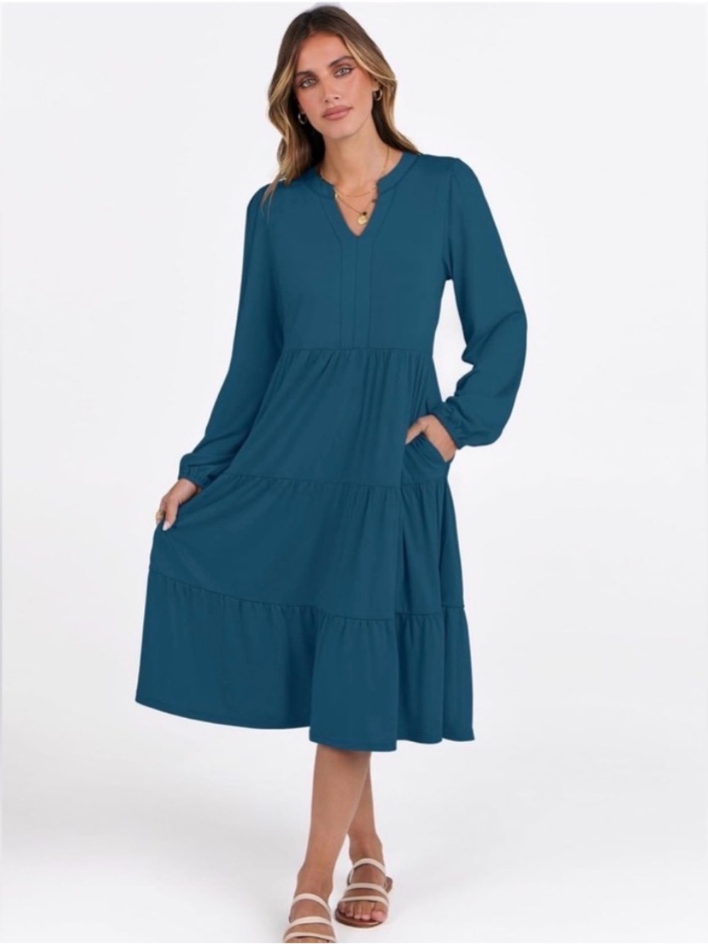 Teal Long Sleeve Tiered Midi Dress - Women's